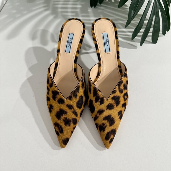 Prada Leopard Pony Hair Pointed Toe Mules Size 39 - Picture 2 of 11
